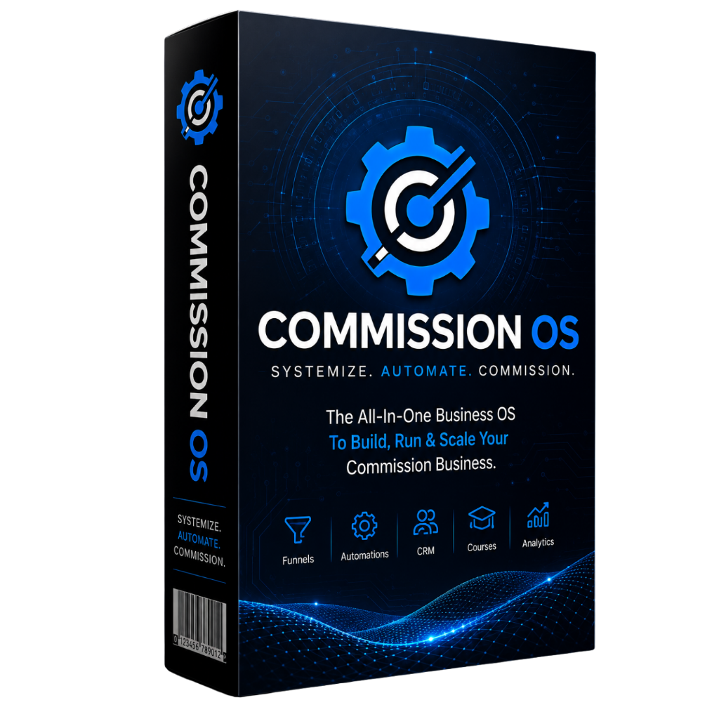 CommissionOS product dashboard and box mockup